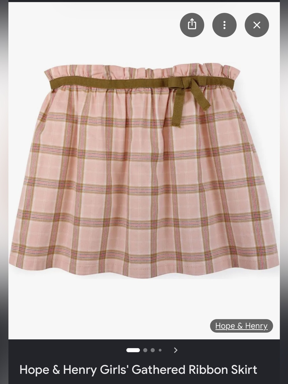 Hope & Henry Pink Plaid Skirt with Olive Ribbon 100% organic cotton 5T